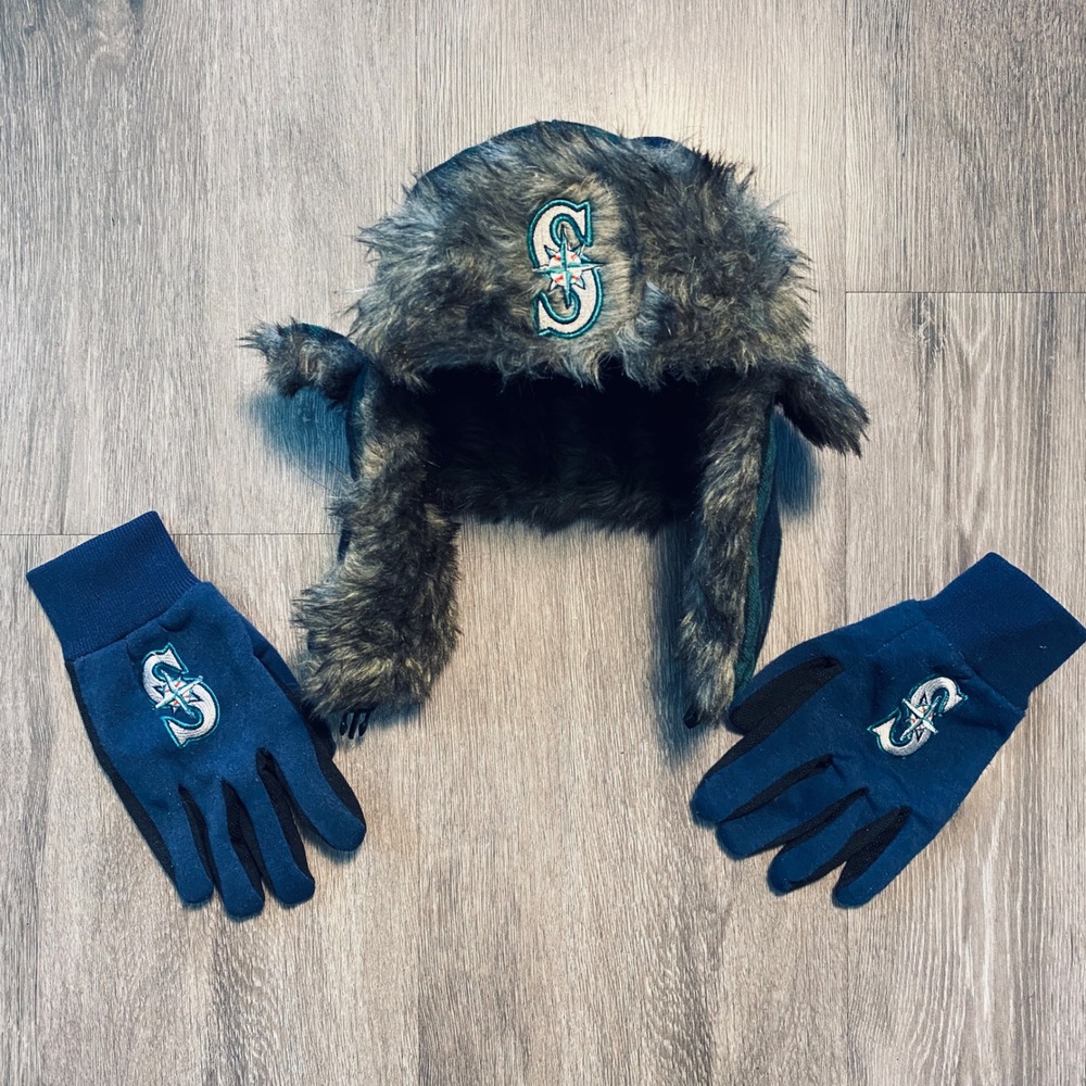 MLB Seattle Mariners Trapper Hat and Gloves Set Plaid Faux Fur Winter Navy Green